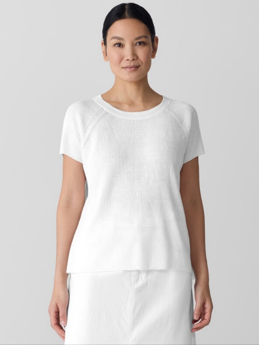 NWT Eileen Fisher Organic Linen Cotton Jewel Neck Short Sleeve Knit Top Medium
